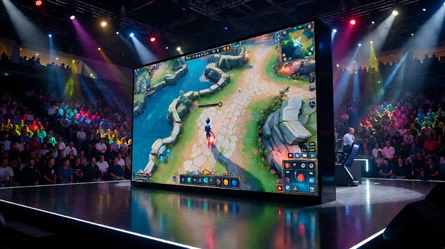 电竞赛事舞台现场,大屏幕播放比赛画面,观众席灯光闪烁